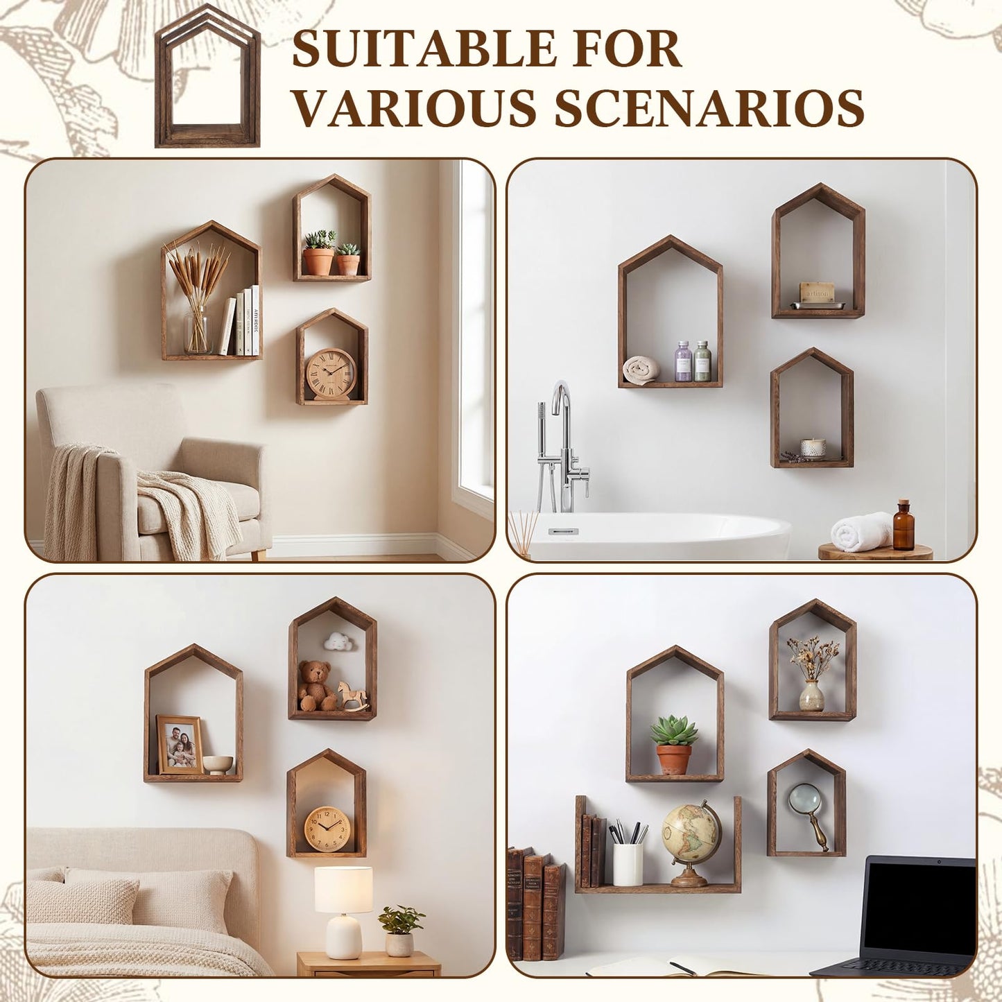 Threehoney 3 Set Wall Shelf 9.8 x 7.1 Inch Wooden Hanging Shelf Deep Display Storage Shelves Floating Shelves for Home Office Room Mini Figures Potted Plants Wall Decor(House,Brown)