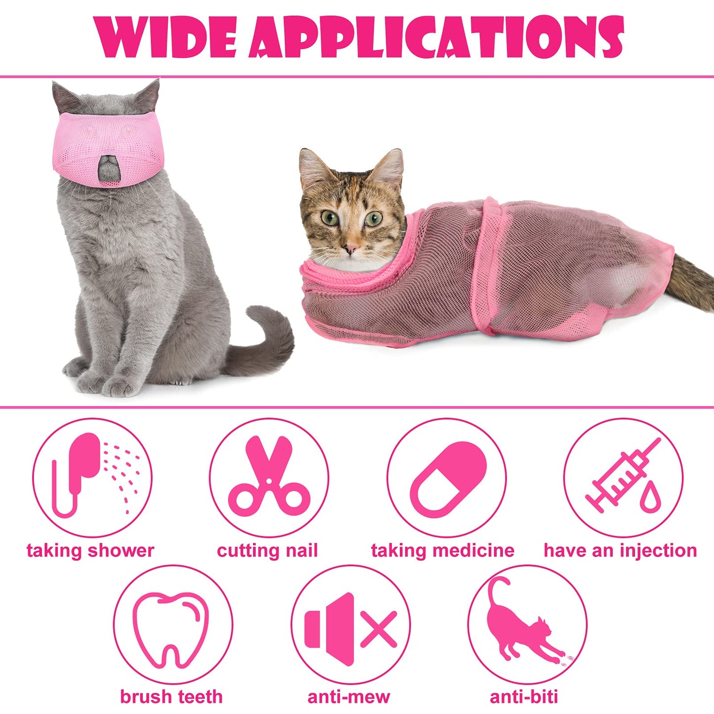 Patelai 5 Pcs Cat Bathing Bag Set Cat Grooming Bag Adjustable Pet Shower Net Muzzles Nail Clipper Tick Remover Tool Massage Brush(Pink)