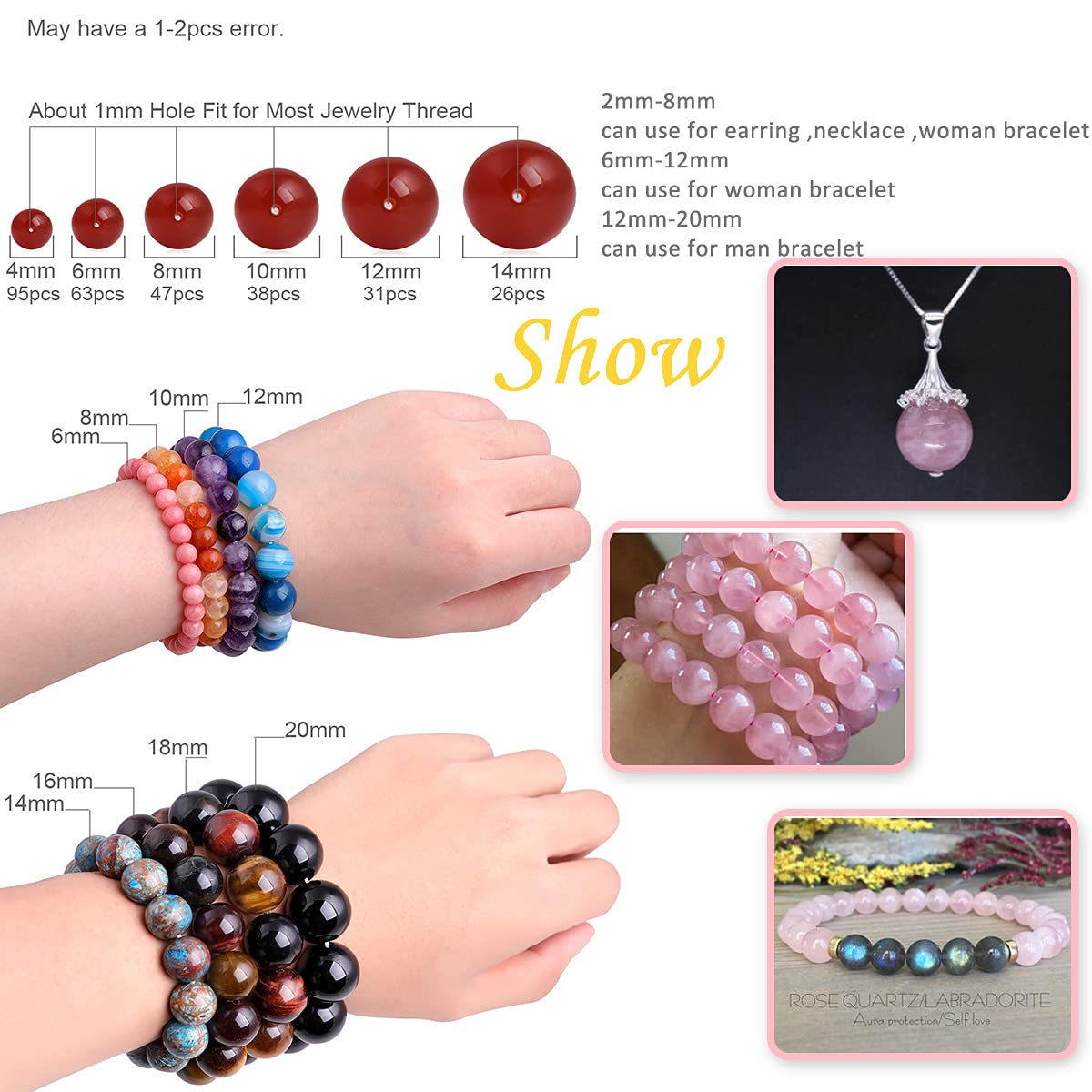 GEM-Inside Natural Genuine 8mm Round Rose Quartz Beads for Jewelry Making Loose Gemstone Beads Strand 15"