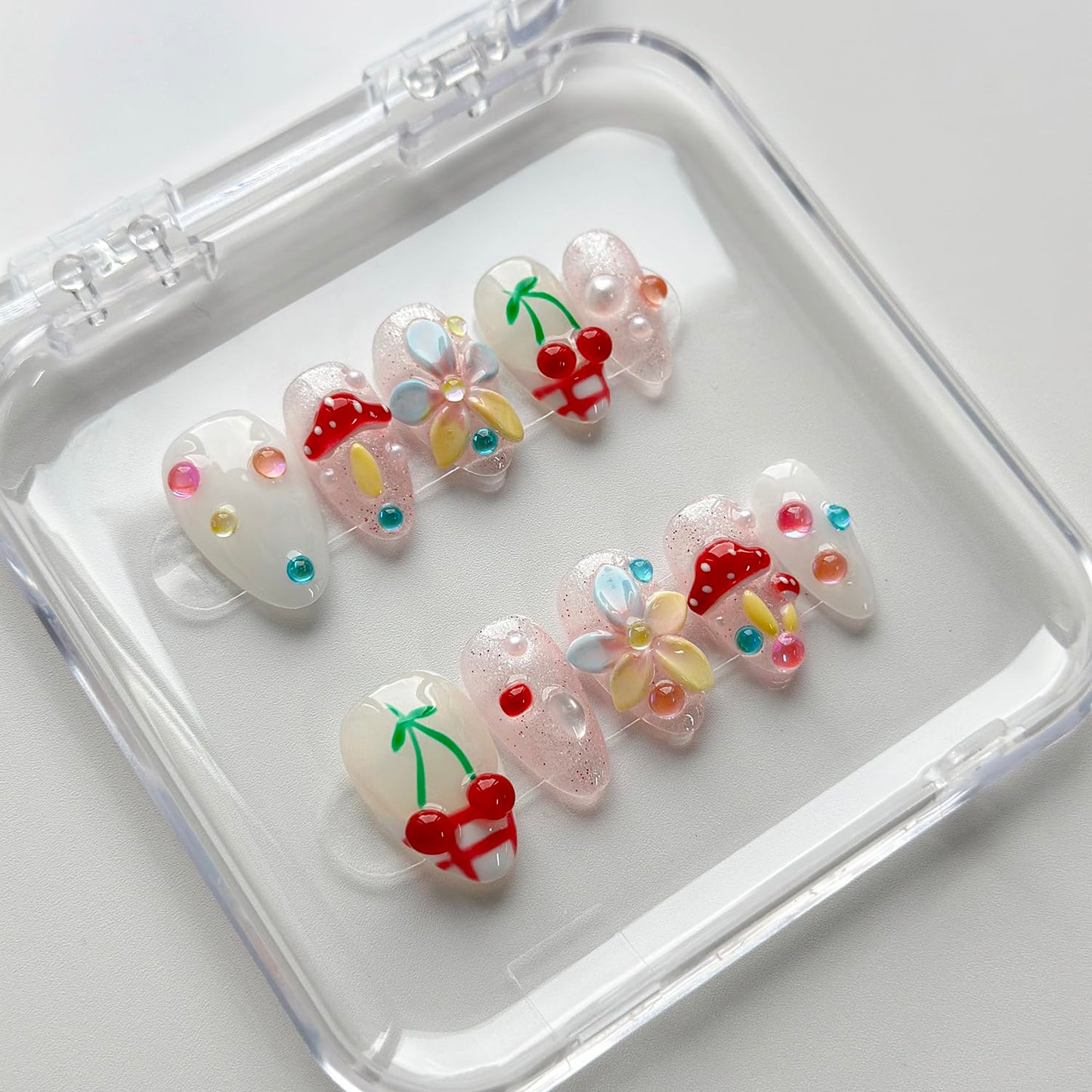 Luxury Press on Nails Short Almond Handmade 3D Unique Reusable ABS Material Fake Nails French Tip False Nails with Designs Mushroom Flower Glitter Glossy Glue on Nail Thick Acrylic Nail(S)