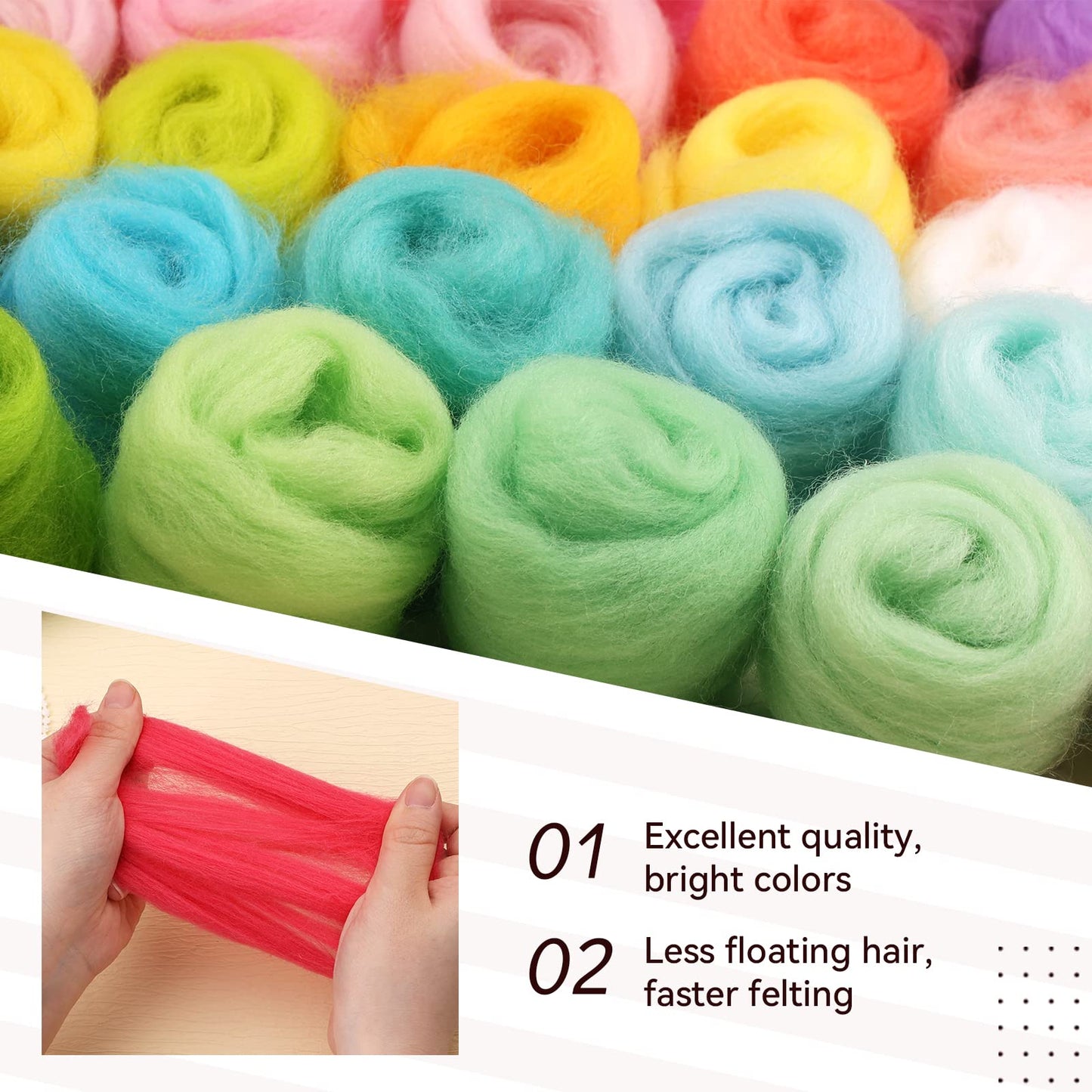 JUPEAN 96Pcs Needle Felting Wool 10.4 oz Wool Roving Yarn Needle Felting Kit with 4-Layer Transparent Storage Box for DIY Hand Spinning and Creations, 3g/Color