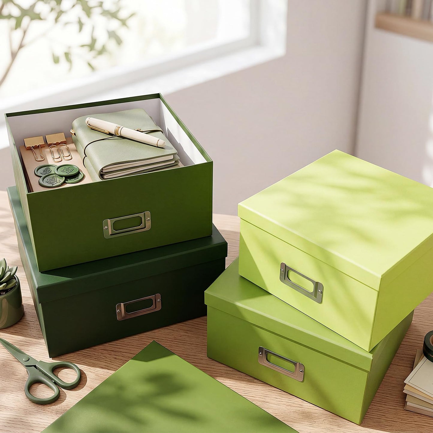 YooNotee 4 Pcs Decorative Storage Boxes with Lids, Stackable Paper Storage Boxes with Label Holders, Photo Memory Keepsakes Gift Boxs for Home Office Closet File Organizer(Green Gradient)