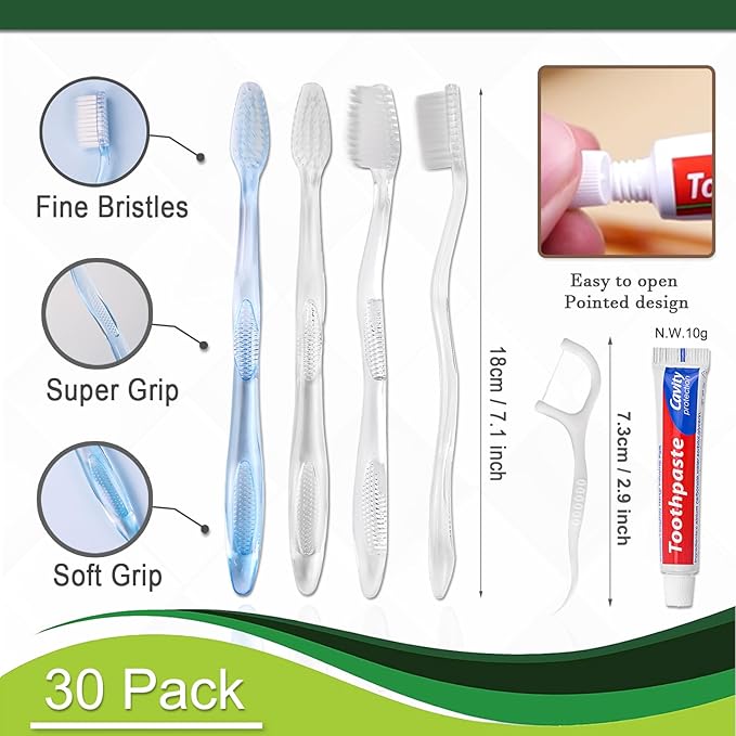 30 pcs Disposable Toothbrushes with Toothpaste Floss Individually Wrapped, 2 Color Disposable Toothbrush, 10g Toothpaste, Dental Floss Pick, Bulk Toothbrush Kit for Homeless,Airbnb,Hotel,Guest
