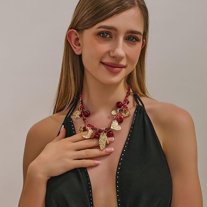 Bohemian Evil Eye Necklace for Women, Gold Plated Moon and Heart Pendant with Red Beaded Chain, Unique Charm Jewelry Gift(N9)