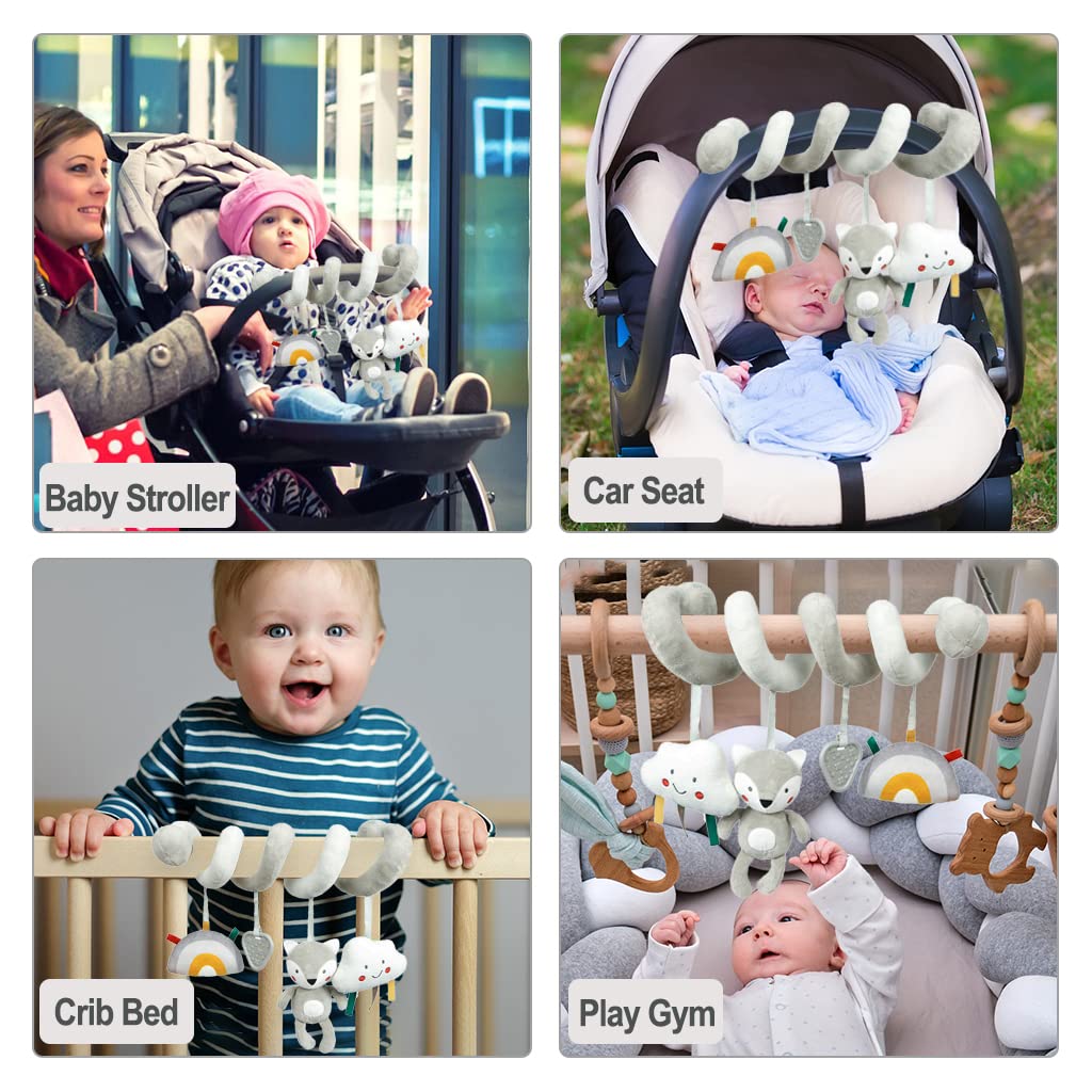 Blublu Park Baby Car Seat Toys, Infant Activity Spiral Plush Hanging Stroller Toys with Squeaker and teether for Car Seat Stroller Crib Bassinet (Grey Fox)