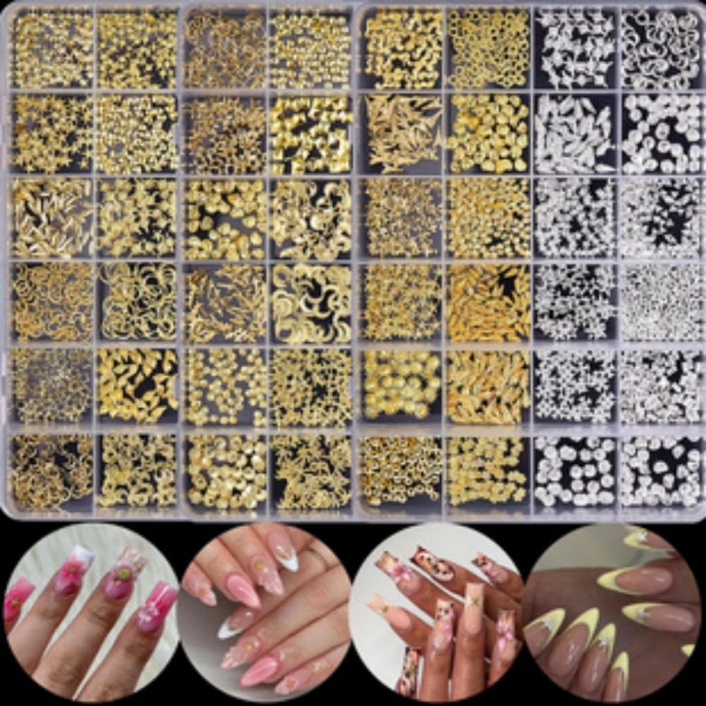 Gold Nail Charms 3D Alloy Star Sun Nail Gems Shiny Ocean Beach Starfish Conch Nail Jewels Multi-Shapes Metal Golden Seashell Nail Art Supplies with Tweezer for Women DIY Acrylic Nail 12 Grids 1 Box