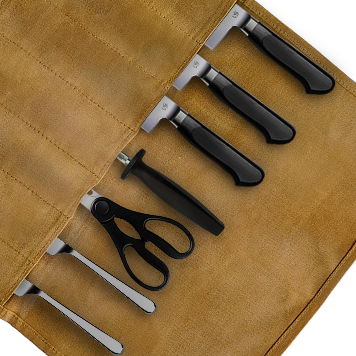 GIWOSK Knife Roll Bag, Waxed Canvas Chef's Knife Roll Bag with 7 Slots, Portable Knives Pouch Knife Storage Case Knife Carrier for Home Camping Picnic Chefs Cooking Lovers, Khaki(Bag Only)