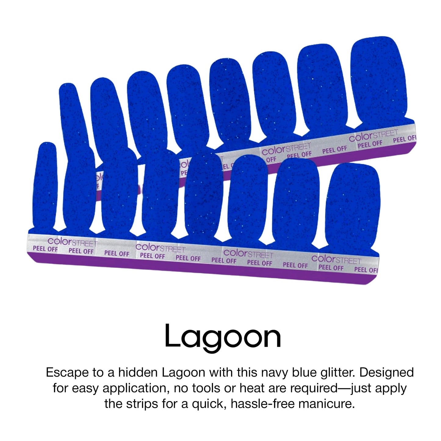 Color Street Lagoon Nail Strips - Navy Blue Glitter, 16 Double-Ended Polish Strips, Easy Application, No Drying Time, Long-Lasting, Ideal for Sparkling Nails at Home or On-the-Go, Mess-Free.