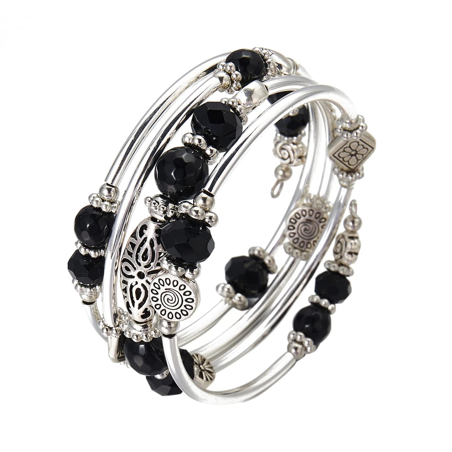 FULU AUTUMN Stackable Beaded Bracelets for Women Boho Wrap Silver Bracelet Layered Fashion Jewelry Gifts for Her(Black)