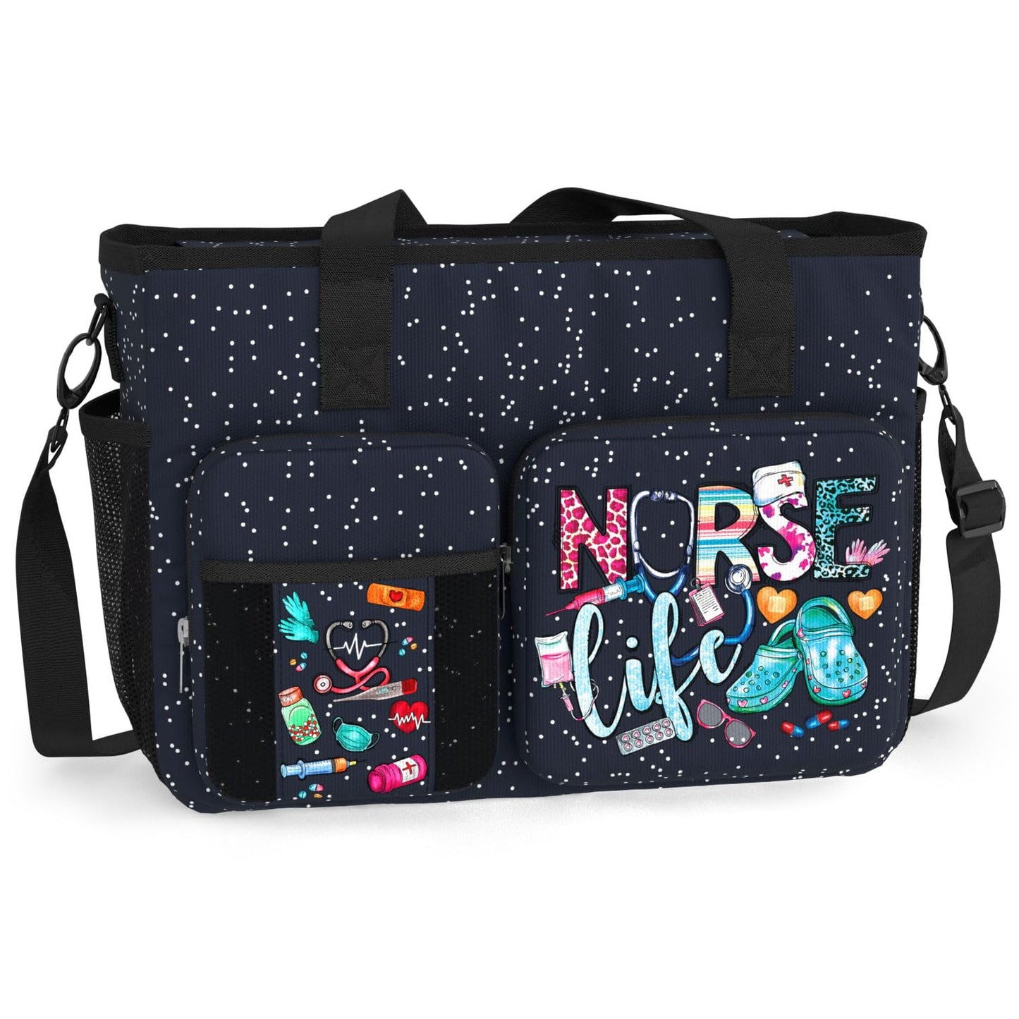84hoods Nurse Work Bag with Large Compartments, Padded Laptop Storage and Multiple Pockets. Waterproof Nurse Bag for Work. Shoulder Bag Nurse Tote Bag. Nurse Life Galaxy.
