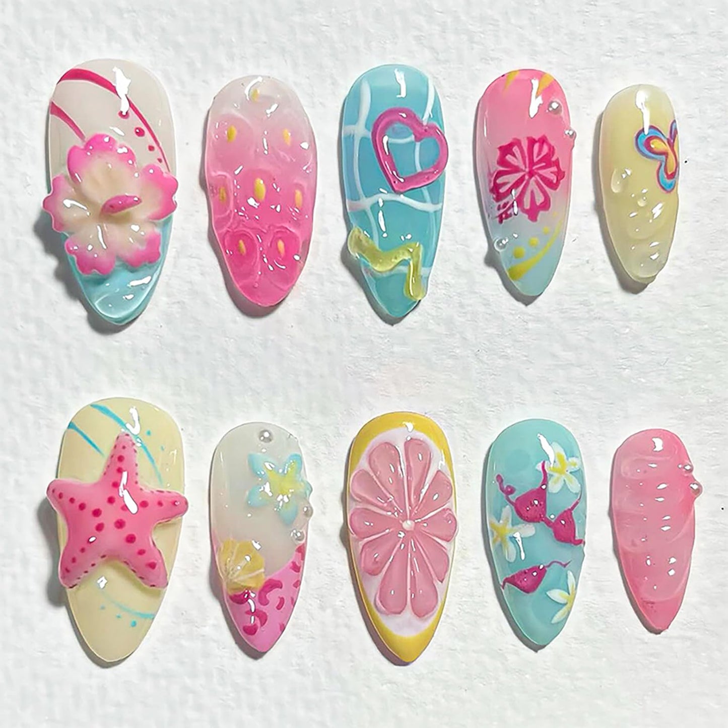 30Pcs Handmade Press on Nails Medium Almond Fake Nails with 3D Designs Summer Beach Acrylic Nails Seashell Flower Glue on Nails Heart Starfish False Nail Lemon Butterfly Stick on Nail for Women