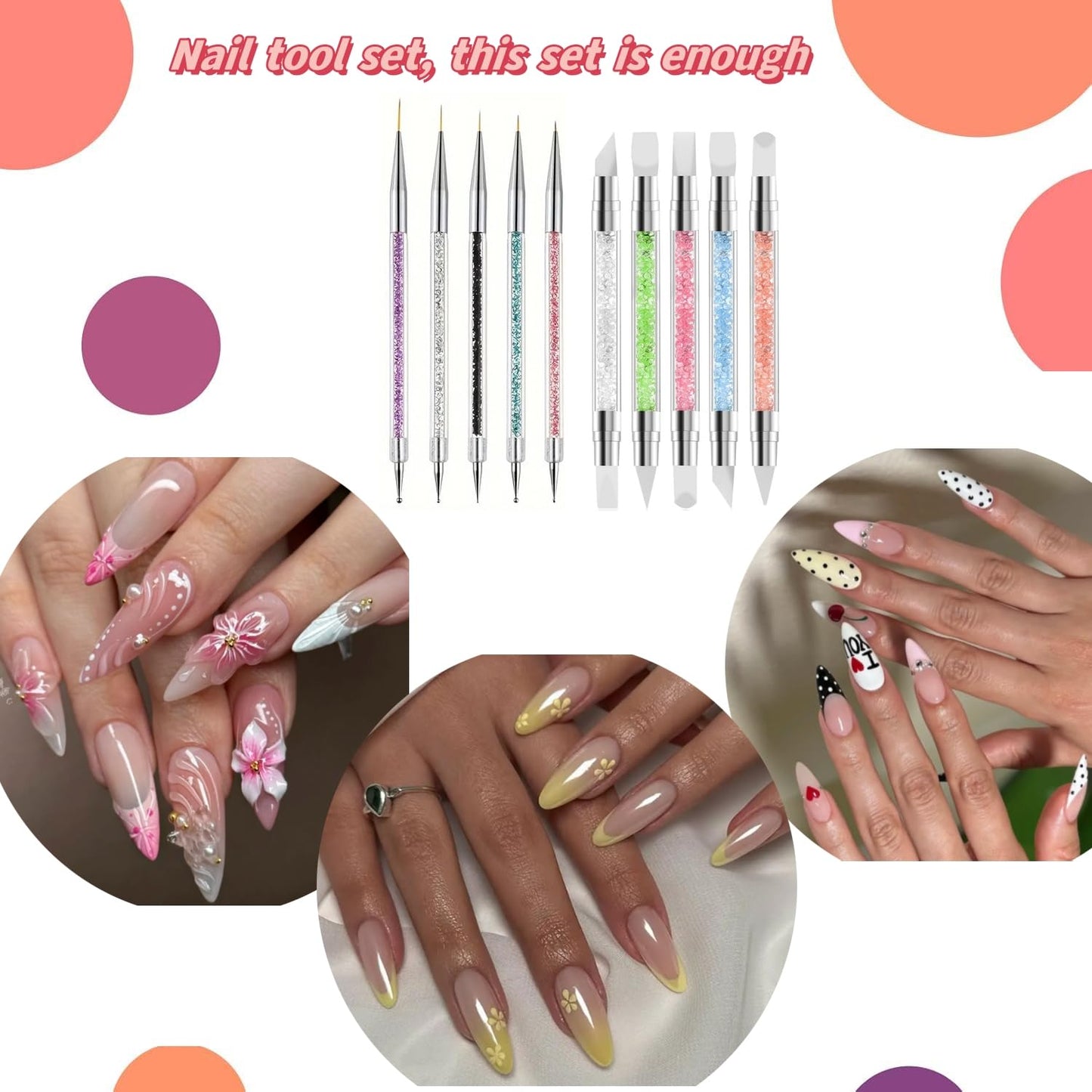 Gmtglla 14 Pcs Nail Art Tool Kit with Silicone Carving Brushes & Ombre Sponge Pen, Professional Dual-Ended Dotting & Liner Tools, Wax Picker Pencil & 2 Tweezers for 3D Nail Design DIY Manicure