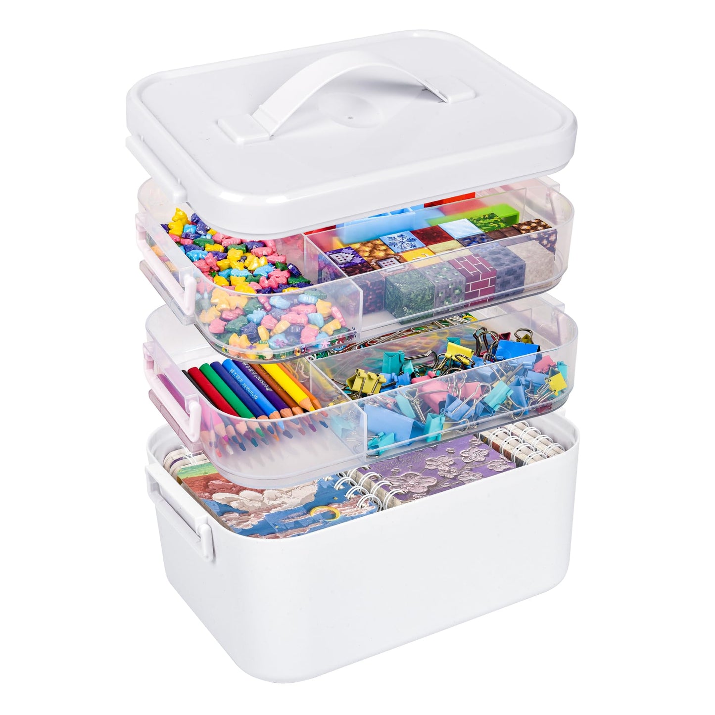 MERATIA 13.3 QT Art Supply Organizer Box with Handle, White 3-Tier Stackable Craft Storage Container with Removable Trays for Markers, Paints, Beads and Sewing Accessories 11.1''x7.7''x9.1''