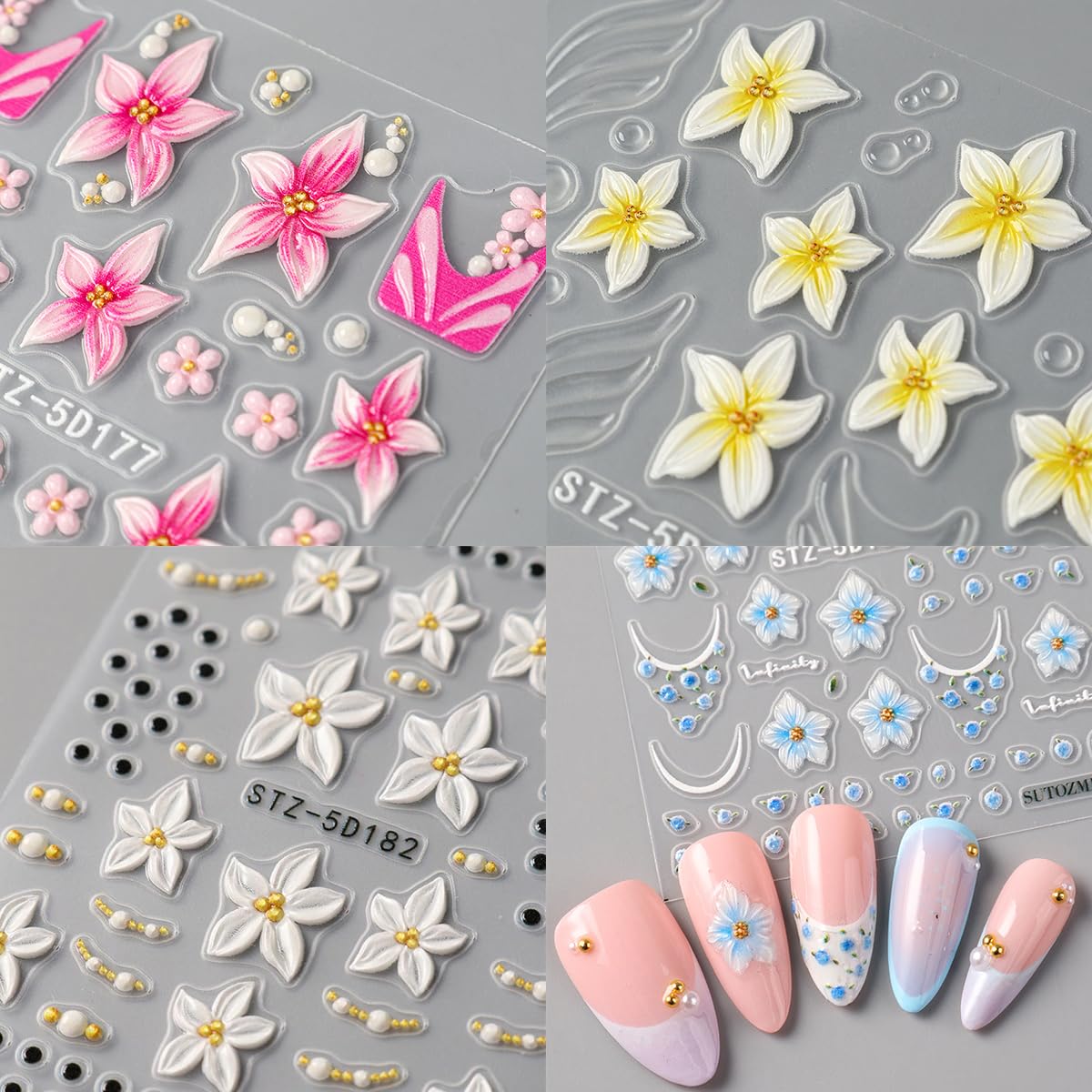 4Psc Summer Flower Nail Art Stickers 5D Embossed Self-Adhesive Hawaiian Floral Nail Stickers Hibiscus Flowers Nail Decals French Design Nail Decoration Supplies for Women DIY Manicure