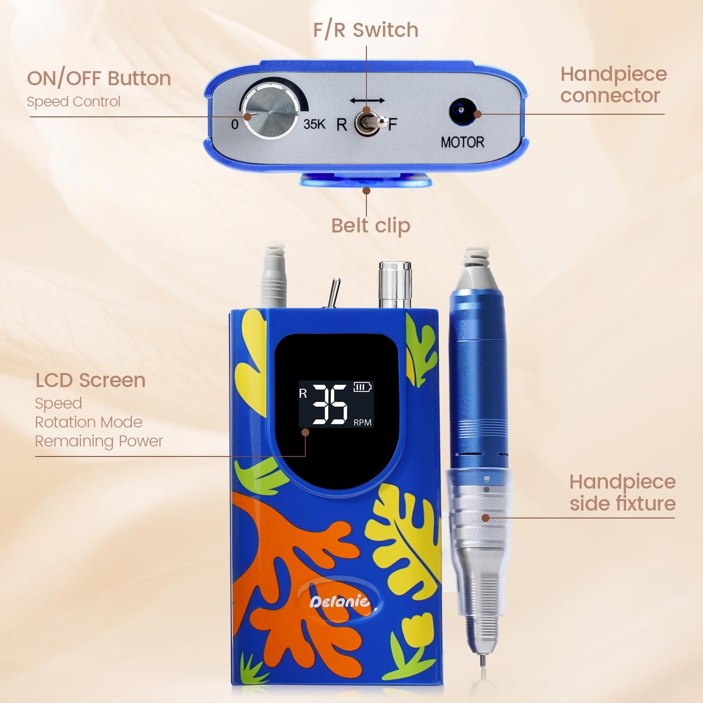 Delanie Professional Nail Drill High Torque 35000 RPM Rechargeable Portable Electric Nail File Filer for Acrylic Gel with Cuticle Bits, Salon Manicure Tool, Matisse Blue
