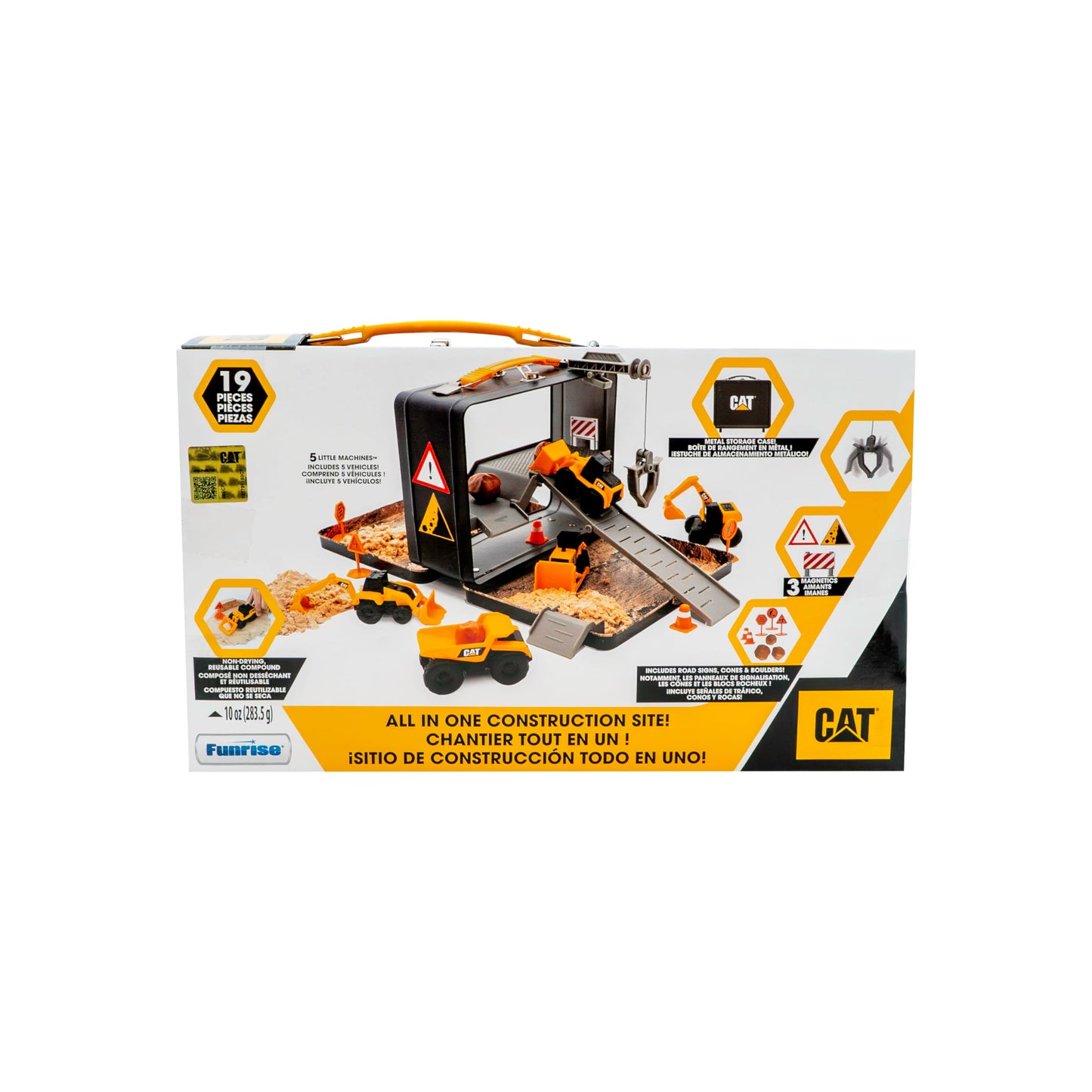 CAT Construction Toys, Store N Go Playset - Tin Travel Case Transforms into Multi-Level Worksite, Includes 2 Little Machines Vehicles & 10 + Accessories, Portable STEM Toy for Kids Ages 3 +