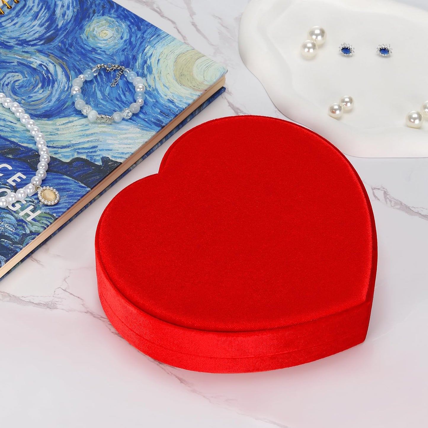 LETURE Large Jewelry Set Gift Box, Heart-Shaped Velvet Necklace Ring Earring Pearl Storage Organizer Holder Box (RED)