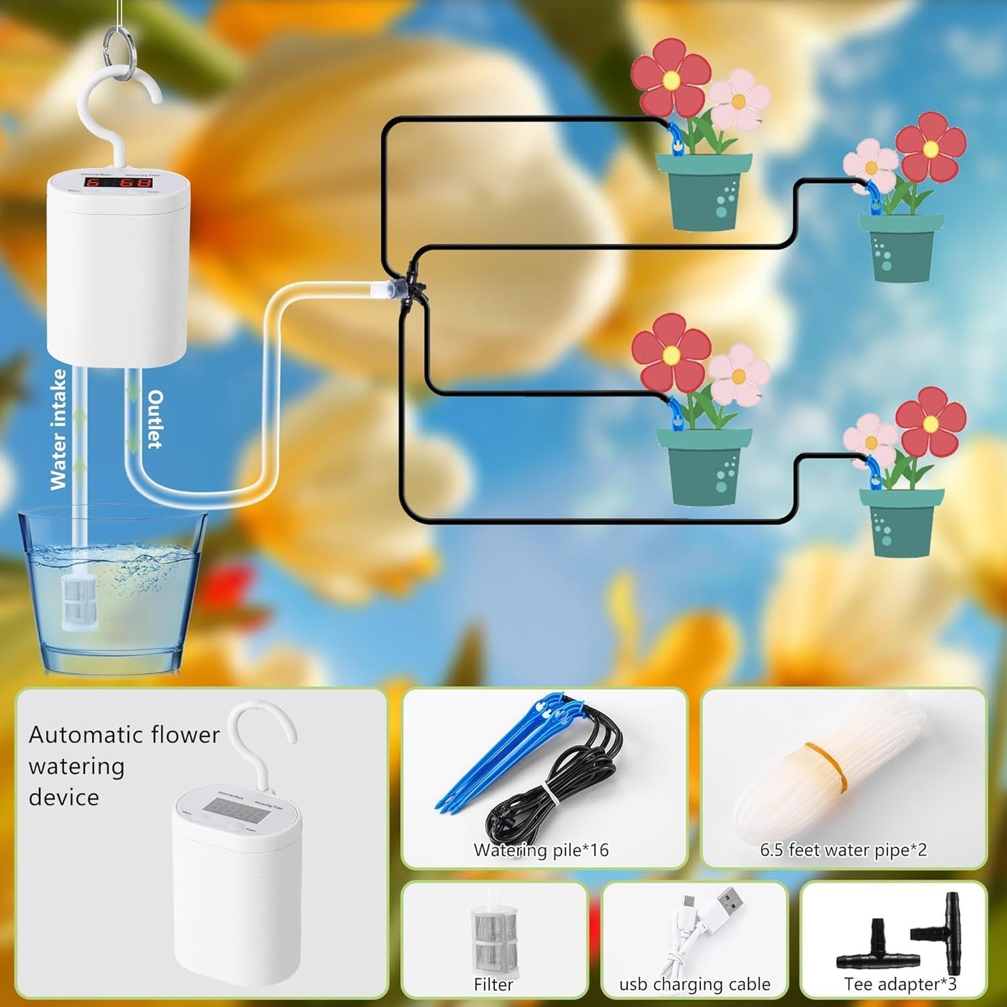 Automatic Drip Irrigation Kit,Indoor Automatic Watering System for Plants,Self Watering System for 15 Potted Plants，Automatic Drip Irrigation Kit Programmable Water Timer