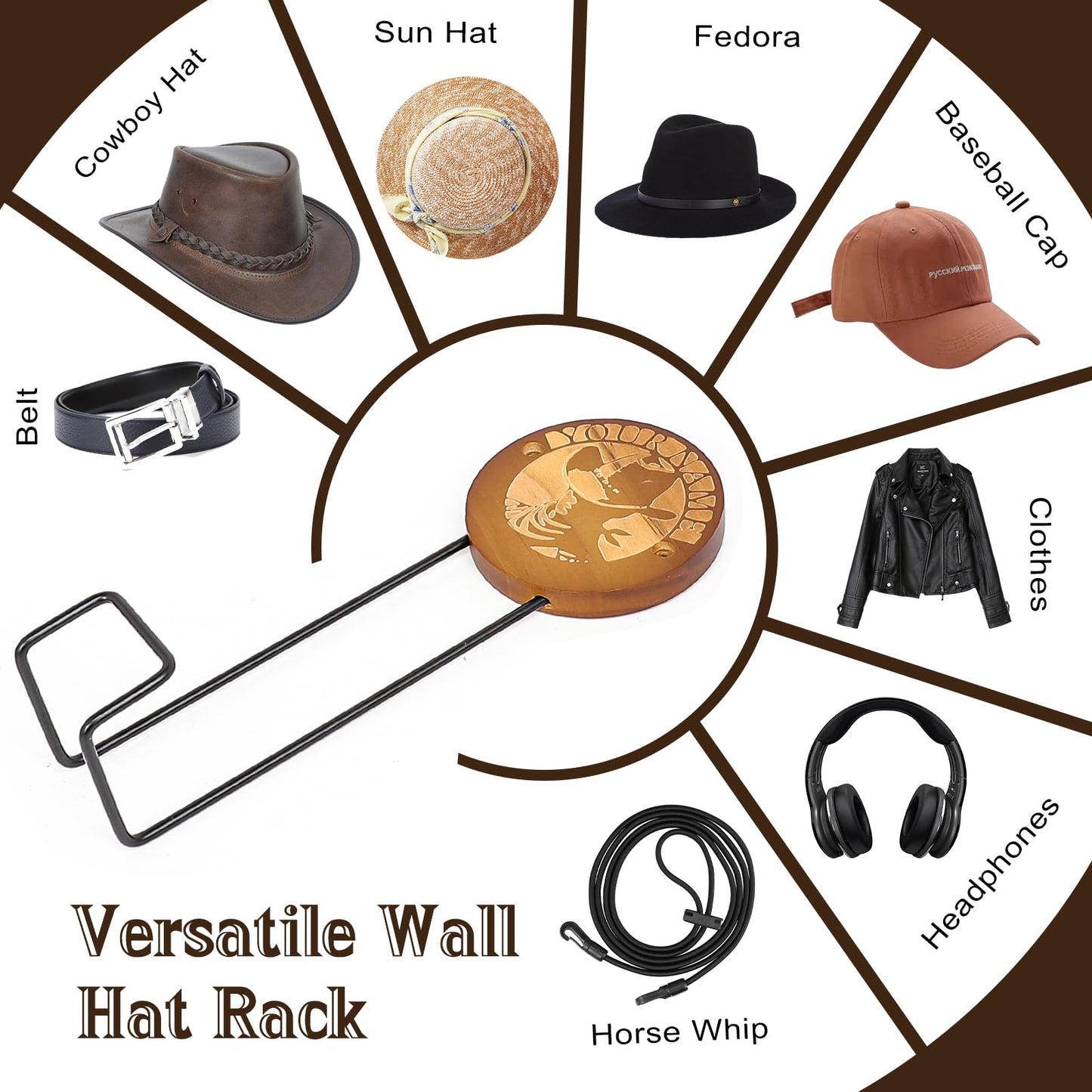 Qiannhee Cowboy Hat Rack Holder for Wall, 2 Pack Hat Rack for Wall, Wooden Western Rustic Metal Hat Holder for Cowboy Hats, Caps, and Sunhats, Ideal for Western Decor(Brown)