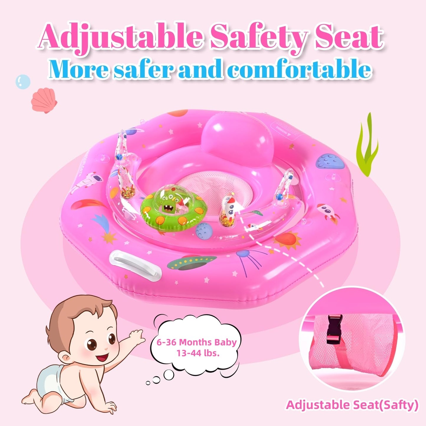 Baby Pool Float for 6-36 Months | Extra Wide Infant Pool Float with UPF50+ Canopy & Toy Play Console | Baby Floatie with Adjustable Safety Seat, Detachable Sunshade, Secure Handle & Safety Leash