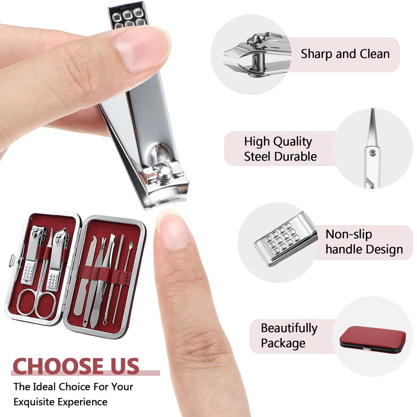 Lasnten 24 Set Valentine Manicure Set Bulk Nail Clippers Grooming Nail Kit Stainless Steel Professional Pedicure Tools Kit with Travel Case for Men Women Valentine's Day Gift(8 in 1,Red, Silver)