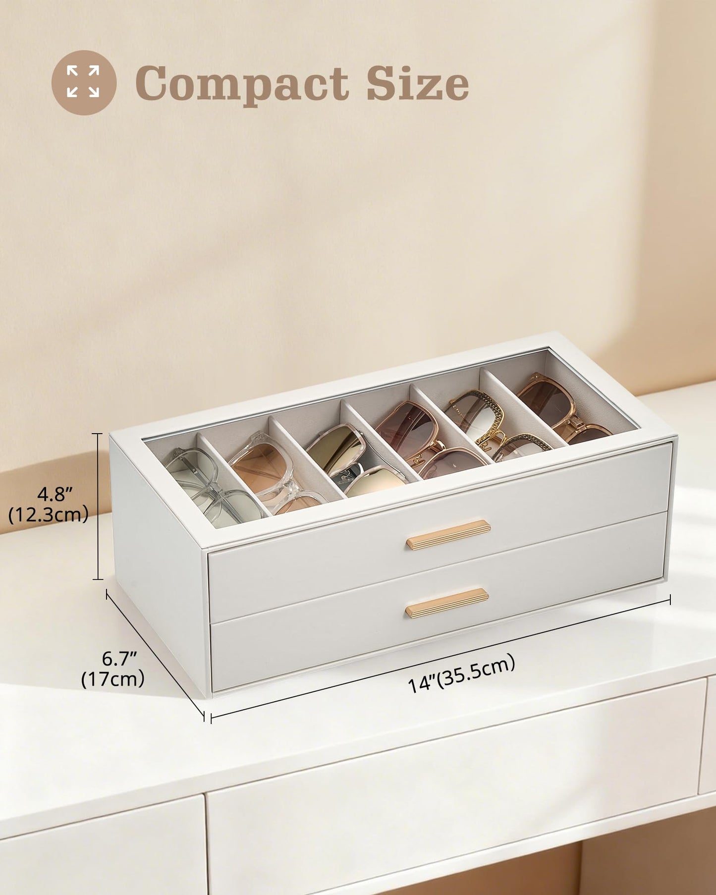 Lolalet 12 Slots 2-Layer Sunglasses Storage Box for Women, Eyewear Eye Glass Sunglass Organizer with Clear Top Lid Display Holder Case for Eyeglass Watch Jewelry, Mothers Day Gifts -Beige