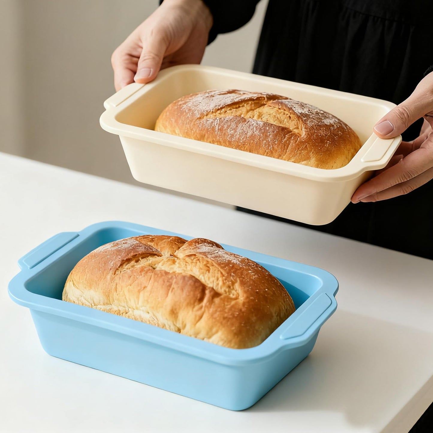 Toeusog Nonstick Silicone Bread Loaf Pan: 9.5 x 5 Inch Bread Pan for Homemade Rye with Metal Frame - Loaf Mold for Baking Oven - Housewife Baker Home Baking Enthusiasts (Beige & Mint Green)
