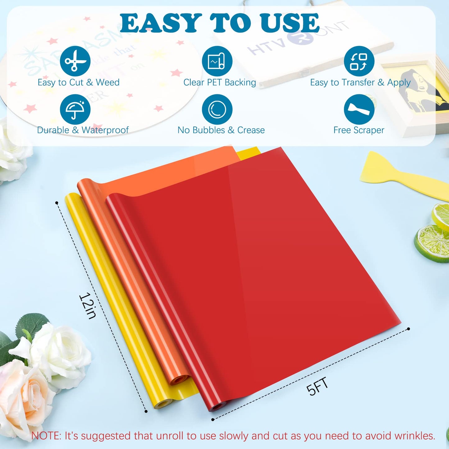 HTVRONT Permanent Vinyl Bundle -12 Pack 12 Inch by 5 Feet Permanent Adhesive Vinyl Rolls Compatible with Cricut Cutting Machine, Silhouette, Cameo Cutters, Signs, Scrapbooking, Craft, Die Cutters
