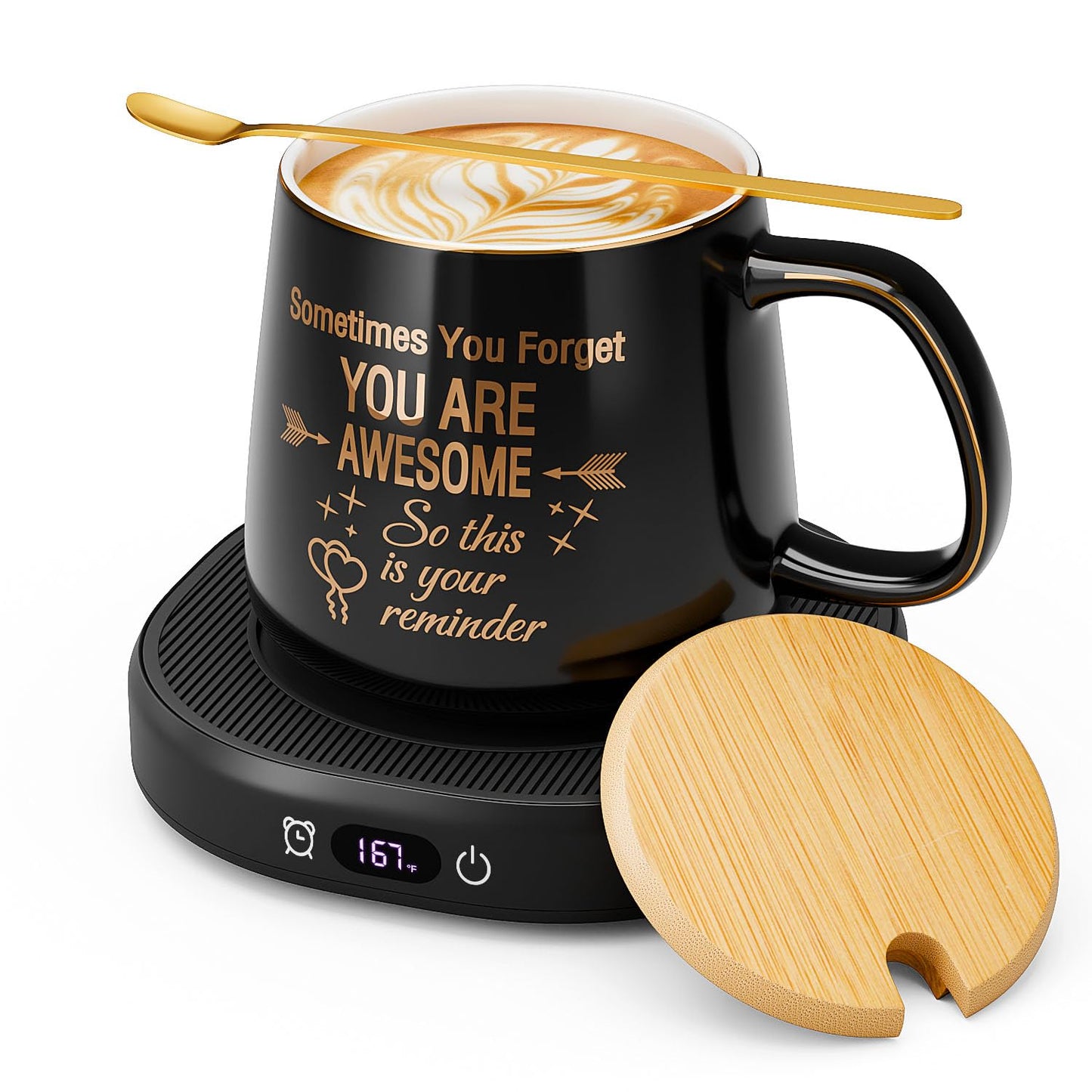 Coffee Mug Warmer & You are Awesome Mug Set, Electric Cup Warmer with Auto Shut Off, 4 Temperature Setting Smart Beverage Warmer, 8-Hours Auto Shut Off (Black Awesome Mug)