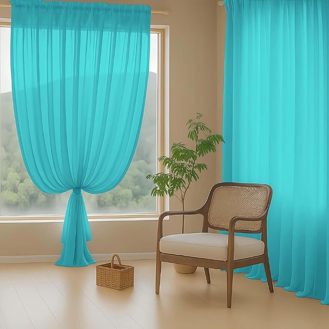 Turquoise Sheer Curtains 84 Inches Long 2 Panels, Elegant Airy Transparent Light Filtering Window Curtains, Window Drapes for Living Room Bedroom, Top Dual Rod Pocket Design, 2x42Wx84L Inches