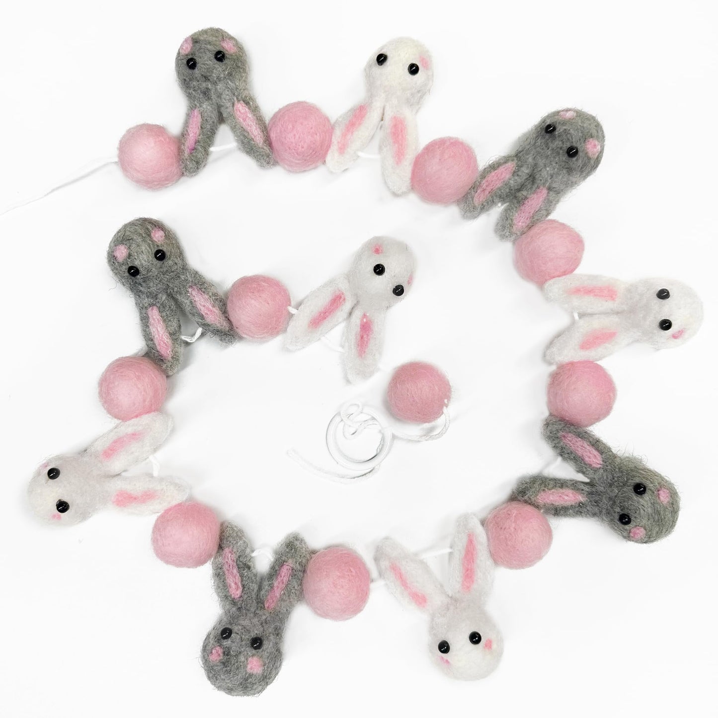pinkblume Easter Felt Garland Wool Rabbit Pom Pom Banner,Handmade Bunny Ball Garland for Easter Holiday Baby Shower/Some Bunny is One/Nursery Decorations/Wall Hanging Decor(White/Pink/Grey)