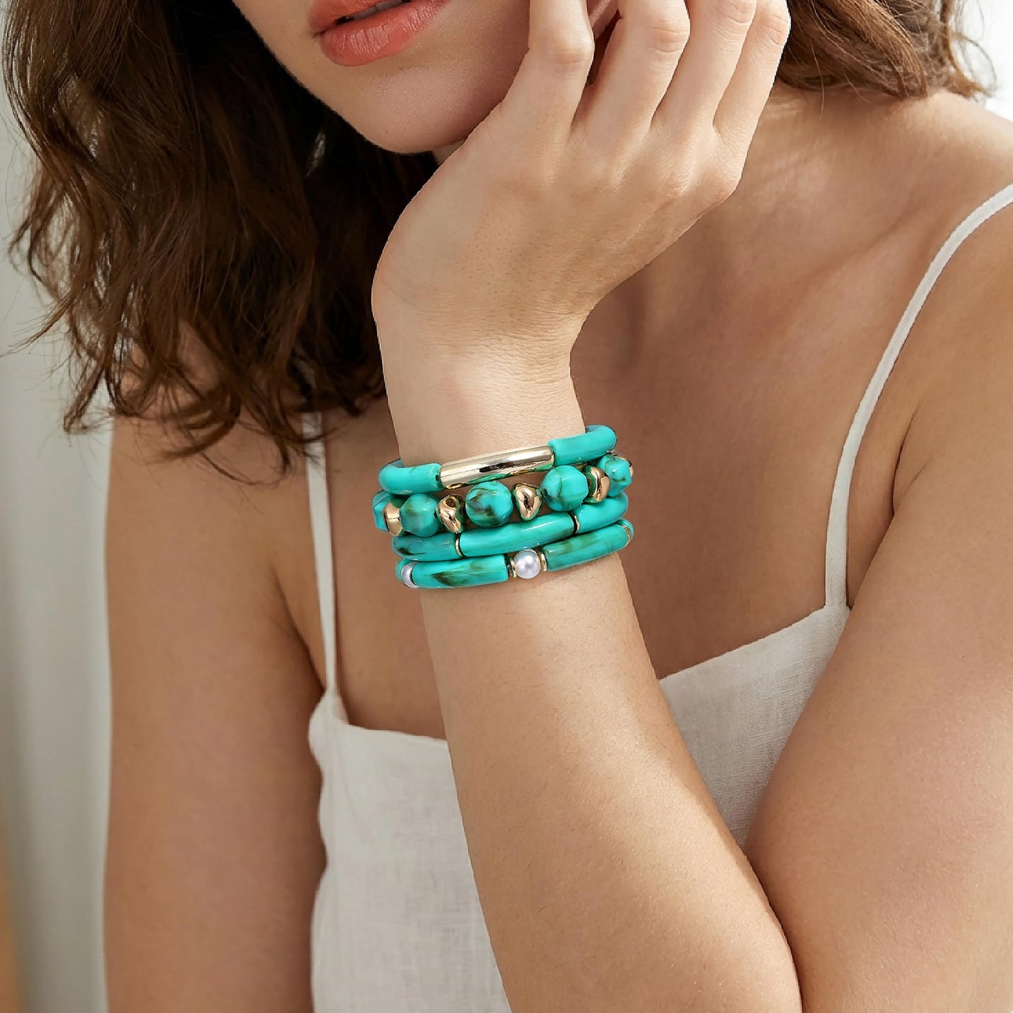GOOJIDS Simple Beaded Gold Plated Bangles Bracelet Chunky Bamboo Tube Curved Stacking Clear Acrylic Colorful Beads Stretchable Gold Plated Bracelets Set For Women (T-Green Beads Set)
