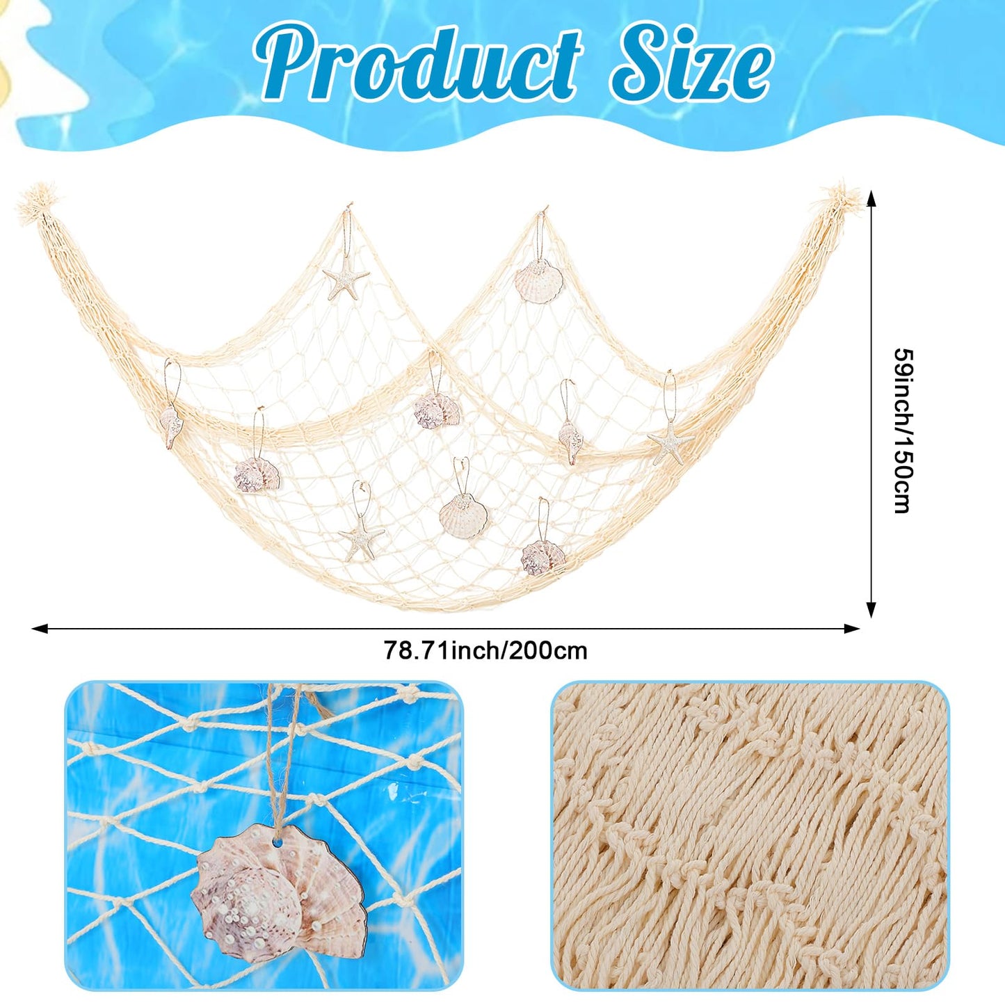 Breling 18 Pcs Fishing Net Decorative and Ocean Waves Tablecloth Set Cotton Fishing Net with Shells Starfish Conch Shells for Nautical Pirate Mermaid Sea Party Wall Decor(Beige)