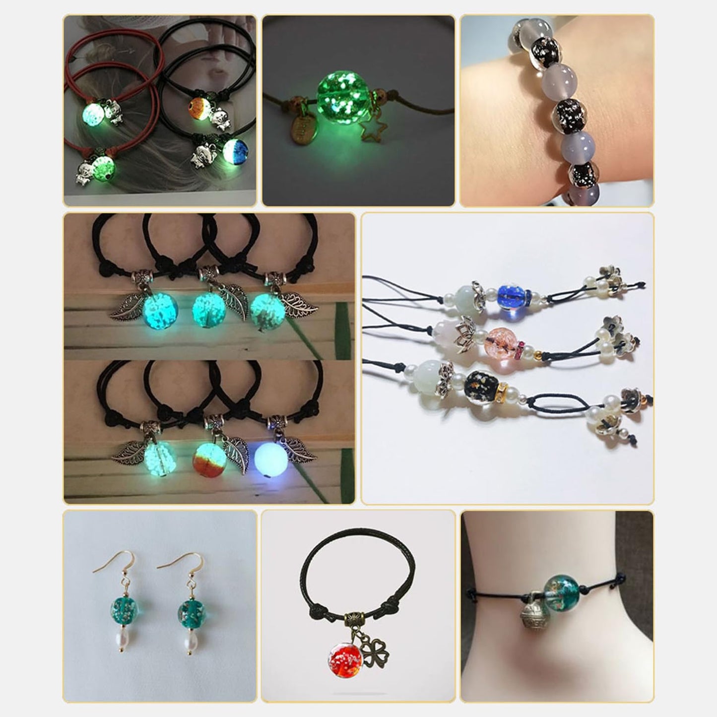 8mm 200pcs Glow in the Dark Glass Beads with Holes for Jewelry Making Bracelets Earrings Necklace Bulk Lampwork Solar Unique DIY Crafts Gold Spacer Beads Kit(100pcs Beads+100pcs Spacer)
