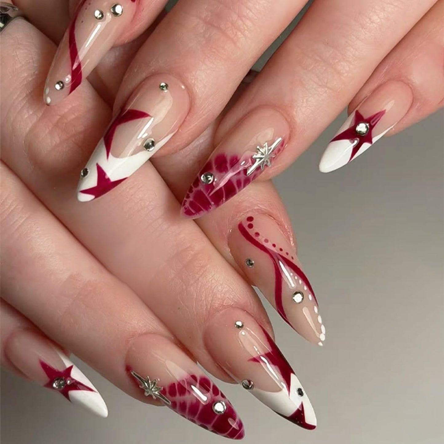 IMSOHOT Almond Press on Nails, Medium Fake Nails, Red Star Swirl Rhinestone Design, 24 Pcs Reusable Glue on Nails for Women, Salon Quality