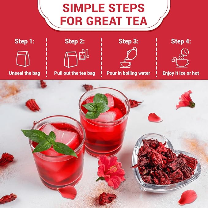 Hibiscus Tea Bags, Hibiscus Flower Herbal Tea - Caffeine & Sugar Free, 50 Teabags