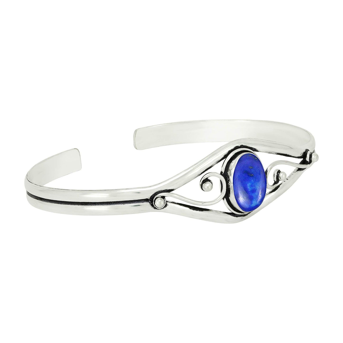 925 Silver Plated Natural Lapis Lazuli Cuff Bangle Bracelet for Women – Handmade Open Bangle – Blue Gemstone September Birthstone Statement Jewelry – Gift for Her