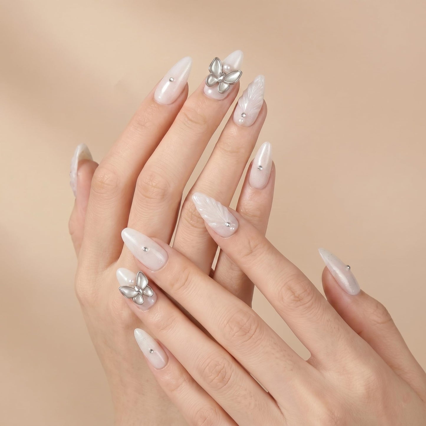 Sun&Beam Nails Handmade Press On Nails Long Stiletto Silver Glitter Butterfly Pearl Shimmer 10 Pieces for Everyday Wear and Special Occasions (#020 XS)