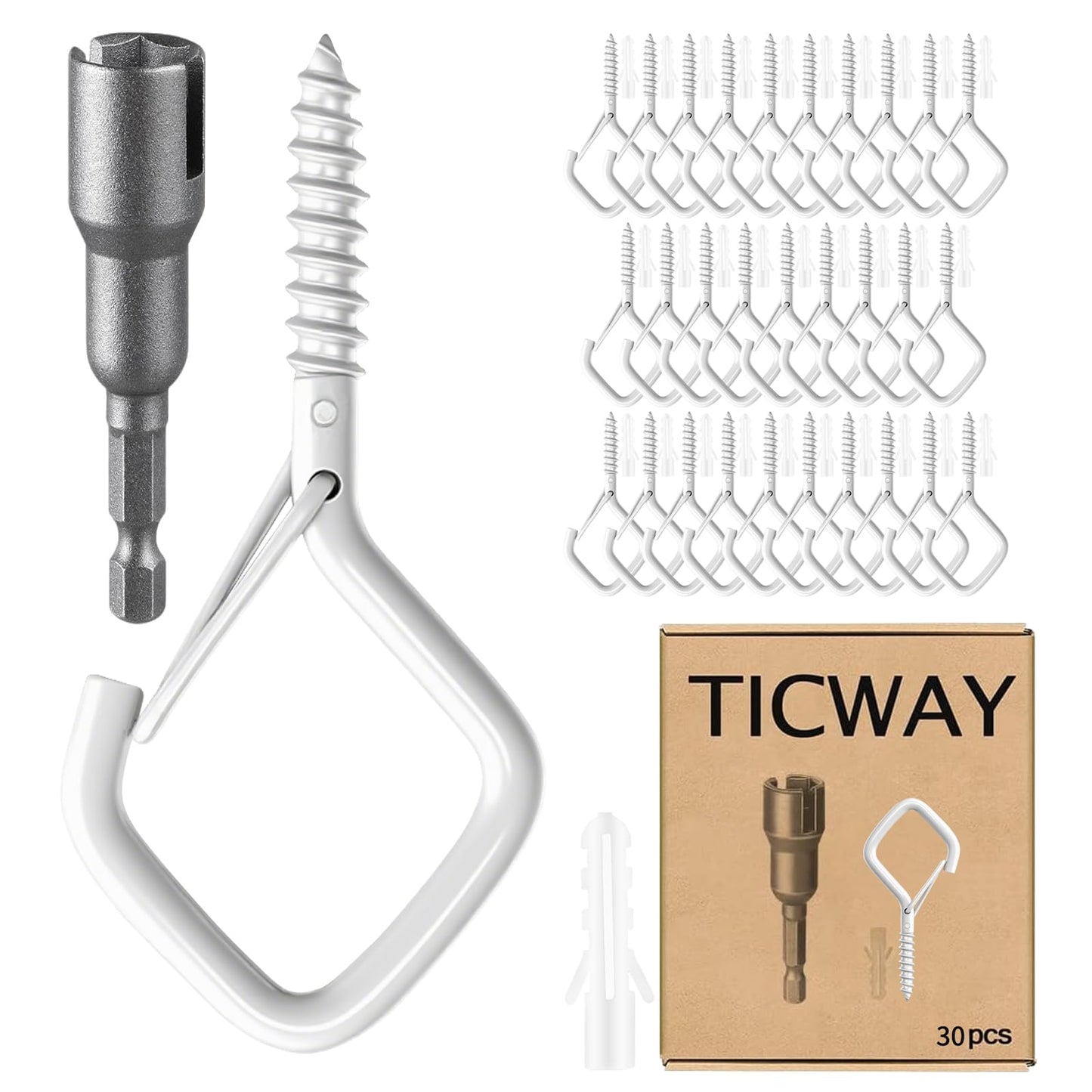 Ticway 30 Pcs Outdoor Hooks for String Lights,Screw Hooks for Hanging Plants,Ceiling Hooks with Safety Buckle,Square Hanger for Wind Chimes,Bird Feeder,Lanterns,Christmas Decorations (White)