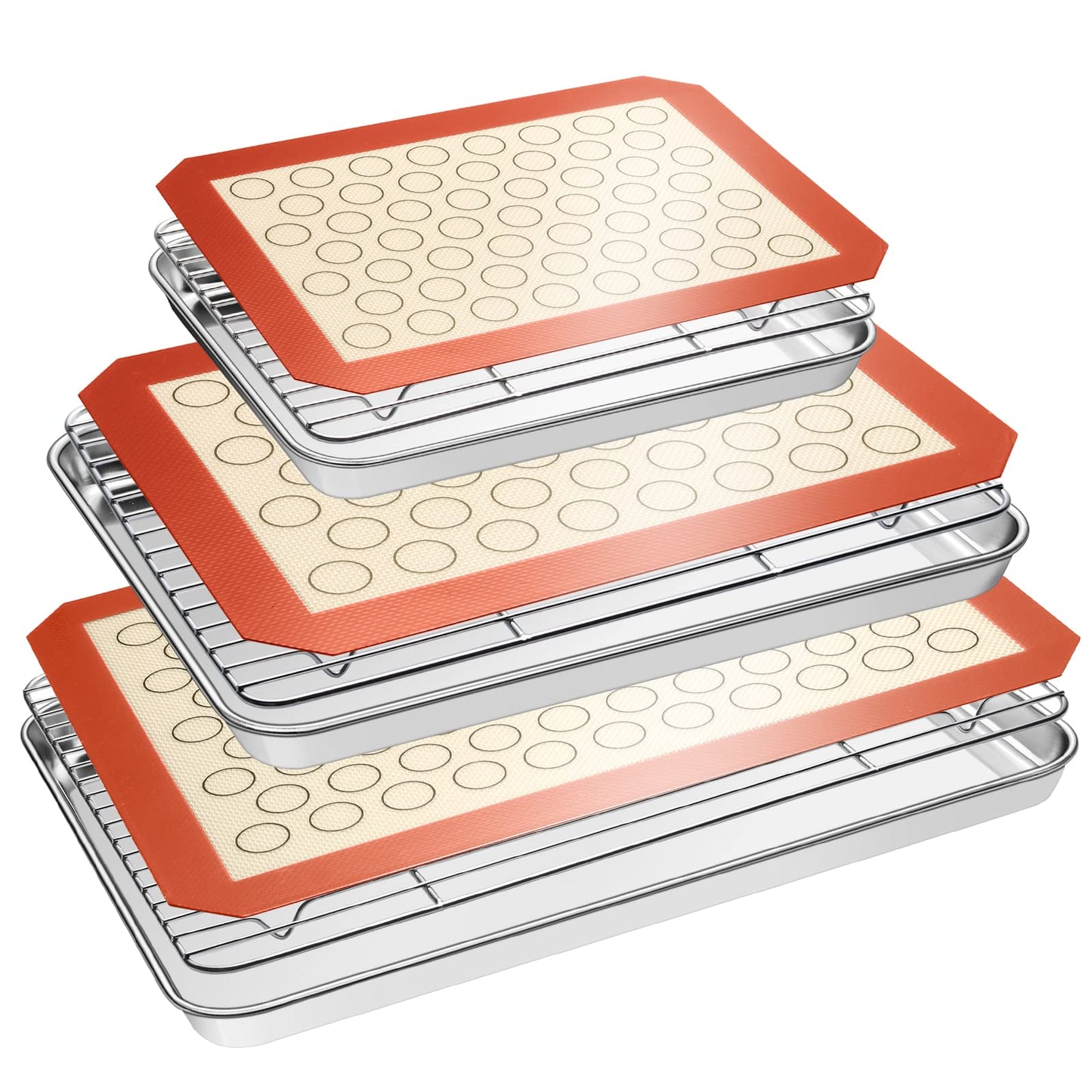 Baking Sheet Tray Cooling Rack with Silicone Baking Mat Set, Stainless Steel Cookie Pan For Oven, Set of 9 (3 Sheets + 3 Racks + 3 Mats), Warp Resistant & Heavy Duty & Easy Clean, Red