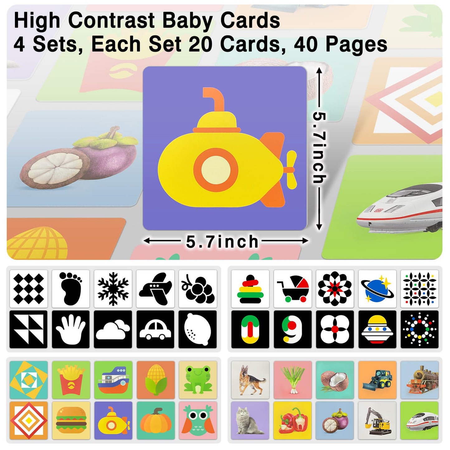 4 Sets High Contrast Baby Cards, 80 Pcs 160 Page Black White Colorful Baby Flashcards Newborn Toys for Infants Visual Stimulation Brain Sensory Development(0-36 Months)