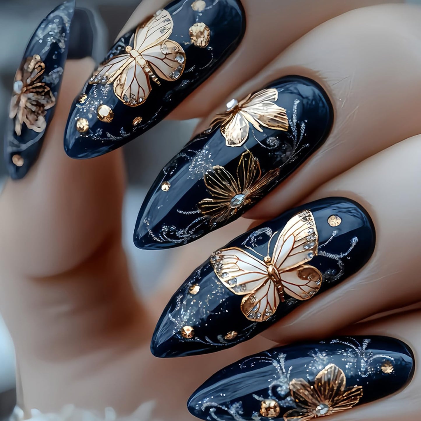 Flower Black Press on Nails Medium Artificial Acrylic False Nails Metal Butterfly with Stick on Nail Full Cover Rhinestones Almond Reusable Coffin Artificial Floral Fingernails for Women Manicure