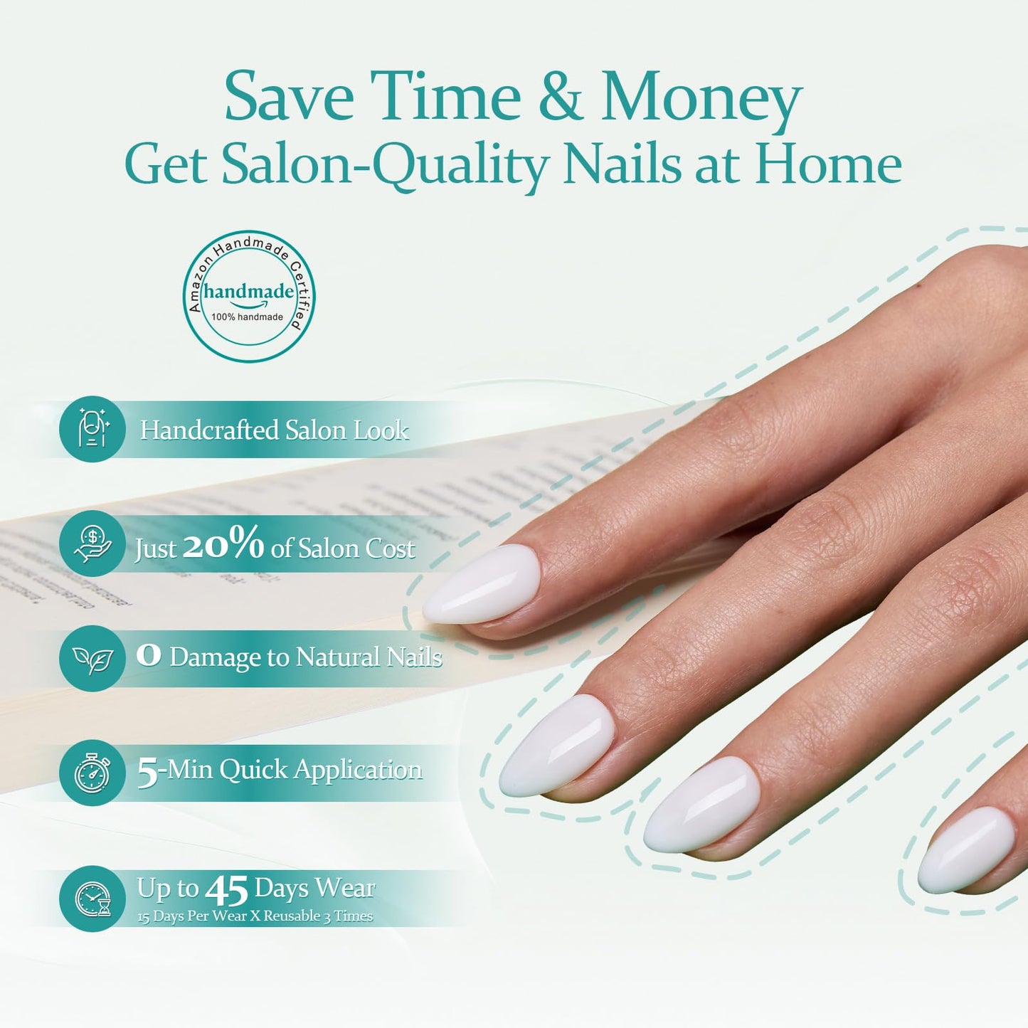 MOKAYIMO White Press On Nails-Short Almond，Acrylic Nails Press On，10 Pcs Handmade Press On Nail Kit with Waterproof Sticky Tabs,Salon Quality,Milky White,Size M