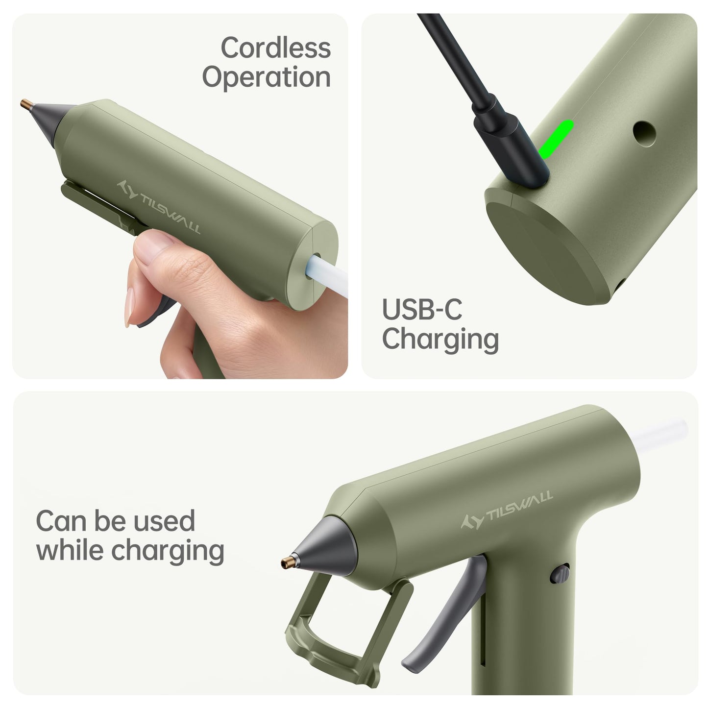 Tilswall Cordless Hot Glue Gun, Fast Preheating, Glue Gun and Sticks Set with 2Ah USB-C Rechargeable, 20 Premium Glue Sticks, High Temp Compact Size Ideal for Crafts, DIY Making, Repairs Olive Green