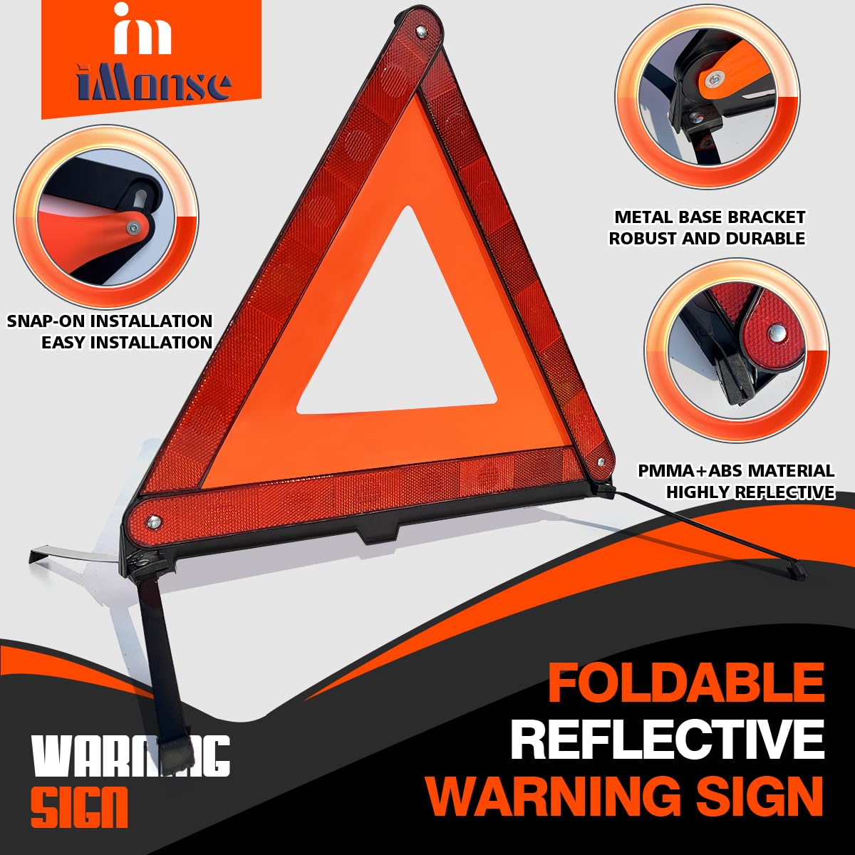 iMonse Warning Safety Triangle Kit, Emergency Roadside Warning Reflective Triangle 2 Packs with 1 LED Road Flare Light, Foldable with Storage Case for Roadside Breakdowns Emergencies