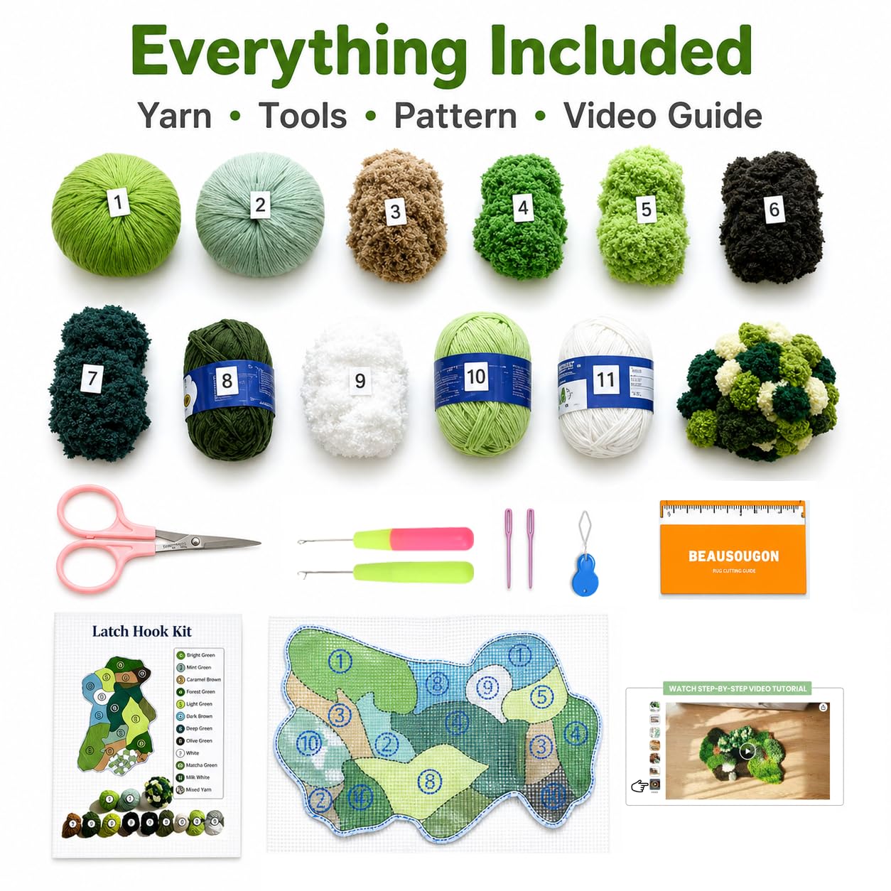beausougon DIY 3D Moss Rug Latch Hook Kit, Forest Greenery Carpet Making with Color Printed Canvas, Multi-Texture Yarn & Tools, Handmade Tufting Embroidery Art for Beginners & Adults