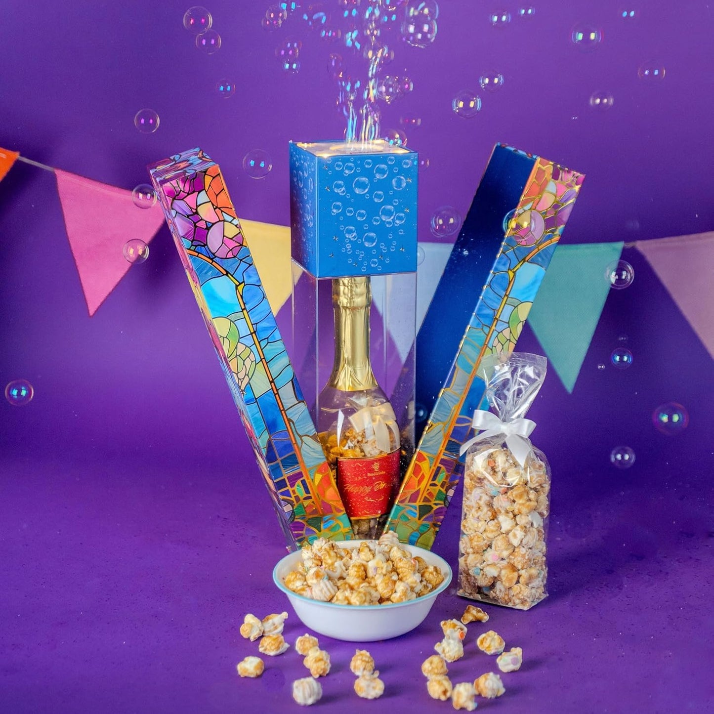 Birthday Bubble Box with Caramel White Chocolate Popcorn by Send A Cake, Ready to Gift, No Assembly Required - Happy Birthday Surprise - Unique Gift for Women, Men, Adult, Kids
