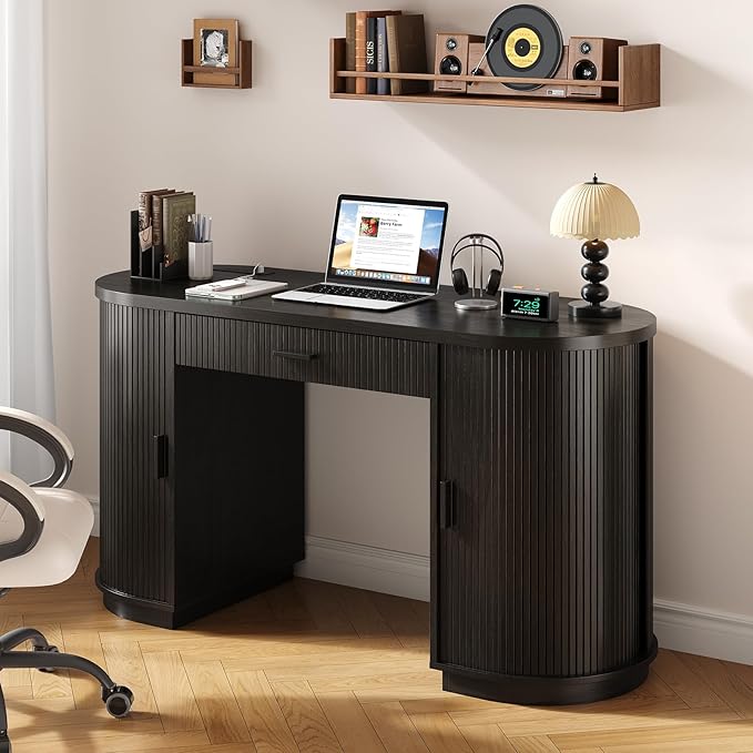 ONBRILL 58" Fluted Executive Desk with Storage, Home Office Desk with Drawers, Wood Computer Writing Desks with Charging Station for Study Living Room Bedroom Work Black
