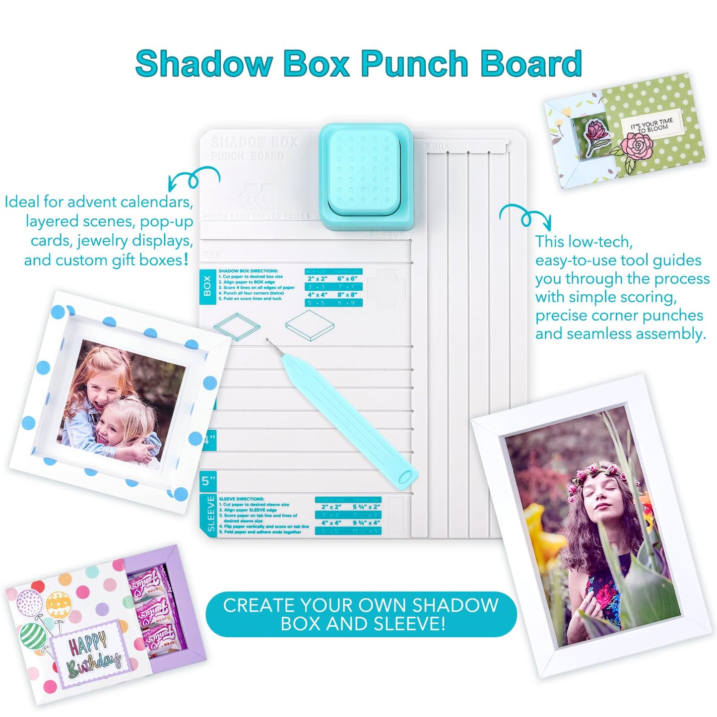 Briartw All-in-One Shadow Box Punch Board with Scoring Tool for DIY Making 2", 3", 4", 5" Shadow Boxes & Sleeves | Beginner-Friendly Scoring & Punching Tool for Paper Crafting