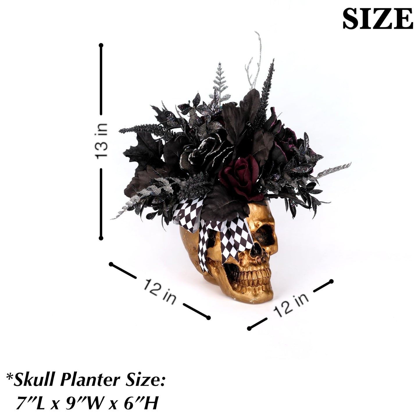 FLOROAD Halloween Decor, Gold Resin Skull Planter with Faux Plants Halloween Skull Decor for Home Coffee Table Bookshelf Dining Table Centerpiece, 14" H (Gold/Black/White/Red)